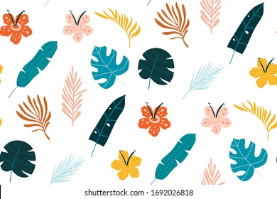 Vector set pattern of tropical leaves and flower. Pattern isolated elements on the white background.