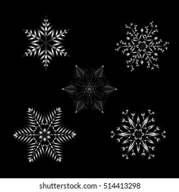 Vector set of patterned snowflakes with a black to white gradient on black for design
