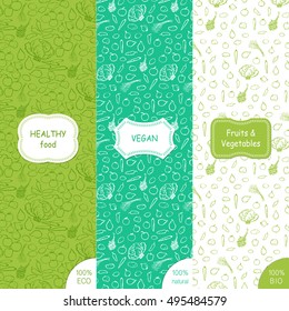 Vector set of patterns and backgrounds for organic, healthy and vegan food packaging for vegetarian products, shops and websites with copy space. Hand drawing vector.