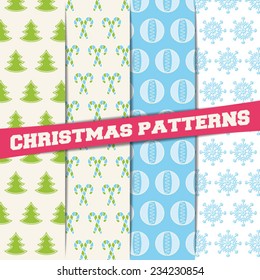 Vector set - patterns with Christmas decoration (trees, balls, flakes etc.). Winter or Christmas backgrounds. Colors - green and blue. Eps 10 vector file. 