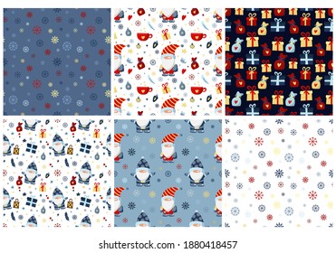 Vector set of patterns with Christmas gnomes, gifts, snowflakes, stars on a colored background. Multi-colored seamless winter patterns.