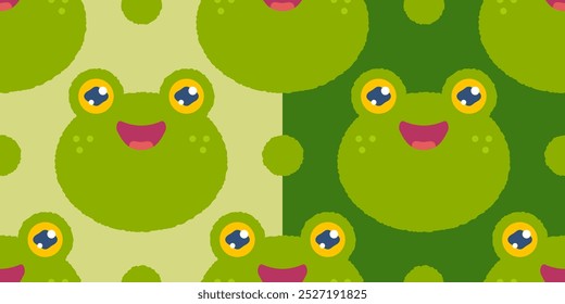 Vector set patterns of cute green frogs. Kawaii frogs pattern.