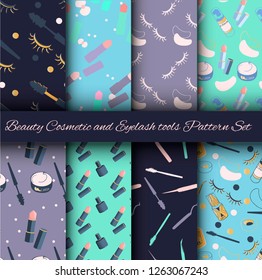 Vector set of patterns with eyelashes, lipstick, mascara, cosmetics, extensions tool, the element of corporate style of beauty salons