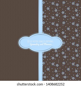 Vector set of patterns with a geometric and floral pattern (forget-me-nots). Patterns companions, seamless.