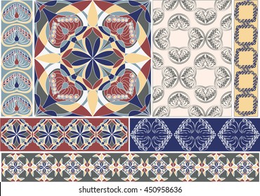 Vector set of patterns with geometric ornaments for greeting cards or invitations, fabric or paper print