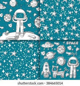 Vector set of patterns and illustrations of different objects in space style. 