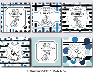 Vector set of patterns, labels and logo design templates for natural herbal shampoo packaging and wrapping paper.