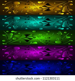 Vector set of patterns from metallic green plants and red grass on bright yellow backgrounds in vintage style. For paper or home decoration.
