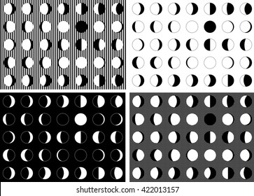 Vector. Set patterns. The phases of the moon on a black, grey and white background. Simple template. The whole cycle from new moon to full. Graphic image. Stylization