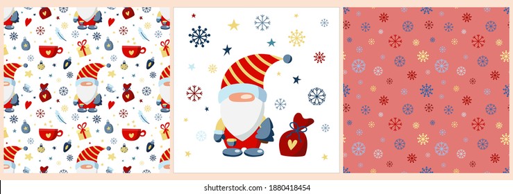 Vector set of patterns and a poster with a Christmas gnome on a white background. Patterns with snowflakes on a colored background. Children's vector illustration.