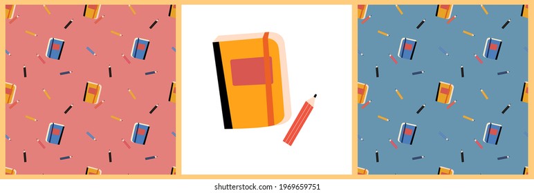 Vector set of patterns and a poster with a notepad and colored pencils in a flat style on a colored background. Illustration for clothing, postcards, office supplies, and training.