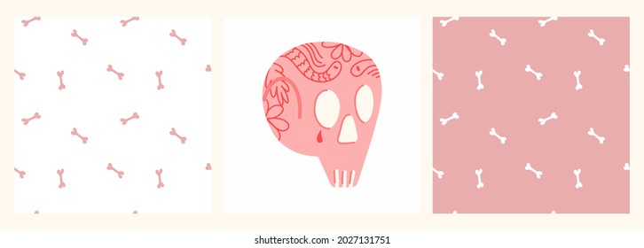 Vector set of patterns and posters for Halloween with a pink skull and a tattoo on a white and pink background in flat style. Illustration for Halloween, pajamas, postcards, decor, holidays