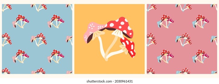 vector set of patterns and posters with mushrooms-fly agaric, in a flat modern style on a colored background. Pattern for Halloween, postcards, T-shirts, fabrics, packaging