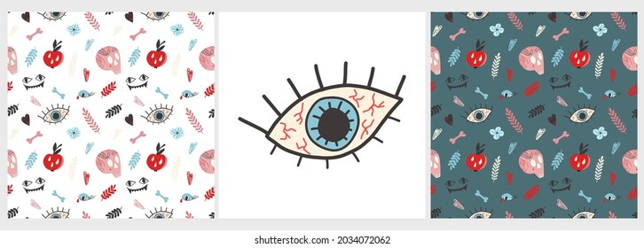 Vector set of patterns and posters with a skull, tattoos, bones, apple, eye, in a flat style on a dark background. Illustration for Halloween, T-shirts, gift wrapping, postcards, banners