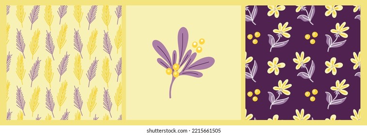 Vector set of patterns with purple and yellow abstract interlacing of leaves and flowers on a colored background. Botanical pattern for postcards, gifts, holidays, fabrics, packaging