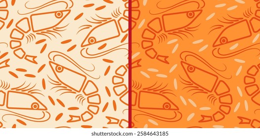 Vector set patterns of shrimp in line art style. Vector pattern of shrimp iand rice in flat style.