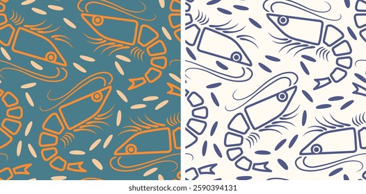 Vector set patterns of shrimp in line art style. Vector pattern of shrimp iand rice in flat style.