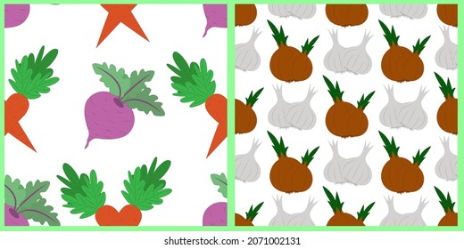 Vector set of patterns with vegetables. Carrots, beets, onions and garlic on a white isolated background. 