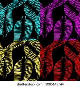 Vector set of patterns of yellow and red and blue and purple feathers and leaves on a black background. For fabric or paper.
