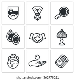 Vector Set of Pawnshop Icons. Appraiser, Jewel, Cost estimate, Jewelry, Deal, Rarity, Criminal, Pay, Money. Pawnbroker, Pendant, Loop, Earrings, Handshake, Lamp, Mafiosi, Compensation, Finance