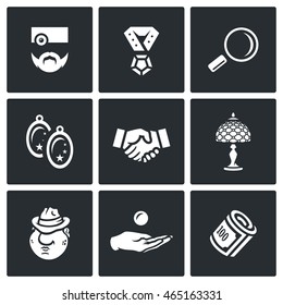 Vector Set of Pawnshop Icons. Appraiser, Jewel, Cost estimate, Jewelry, Deal, Rarity, Criminal, Pay, Money.