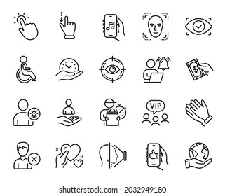 Juego de vectores de dinero de pago, ojo biométrico y juego de iconos de la línea de salva del planeta. Aplaudiendo manos, aplicación musical e iconos de objetivo de ojos. Ideas de usuario, signos de Touchpoint y de aplicación Like. Símbolo web de pago de dinero. Vector