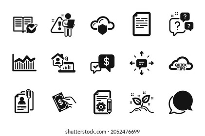 Vector set of Pay money, Interview documents and Cloud protection icons simple set. Chat message, Sms and Payment received icons. Quick tips, Search employee and Work home signs. Vector