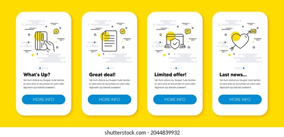 Vector Set Of Payment Card, Laptop Insurance And File Line Icons Set. UI Phone App Screens With Line Icons. Love Icon. Credit Card, Full Coverage, Paper Page. Valentines Day. Phone UI Banners. Vector