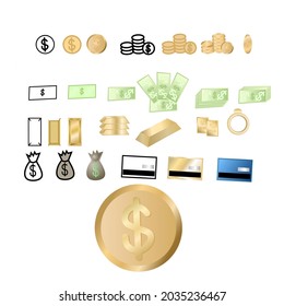 Vector set of payment instrument icons consisting of coins, banknotes, gold, and atm