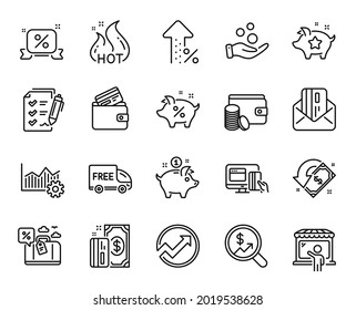 Vector set of Payment method, Increasing percent and Saving money line icons set. Discounts ribbon, Audit and Market seller icons. Debit card, Loyalty points and Loan percent signs. Vector