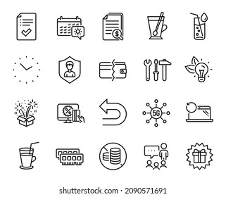 Vector set of Payment methods, Online shopping and Approved checklist line icons set. No cash, Travel calendar and Recovery laptop icons. Financial documents, Tea mug and Fireworks signs. Vector