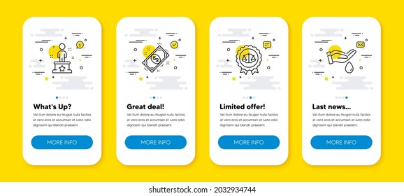Vector set of Payment, Success and Justice scales line icons set. UI phone app screens with line icons. Wash hands icon. Finance, Winner person, Judgement medal. Skin care. Phone UI banners. Vector