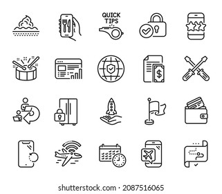 Vector set of Payment, Tutorials and Calendar line icons set. Flag, Smartphone recovery and Debit card icons. Crowdfunding, Verified locker and Target path signs. Payment web symbol. Vector