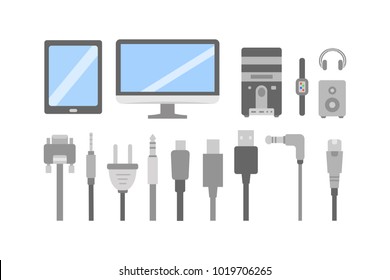 Vector set of PC flat icons. Cable wire computer and electricity plug collection.