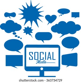 vector set pc with social media icons and comic bubble speech