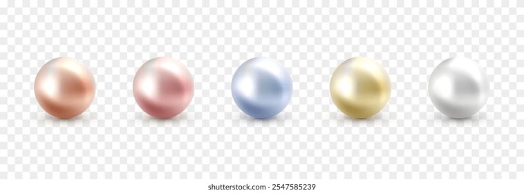 Vector set of pearls on isolated transparent background. Multicolored pearls png. Pearl beads.