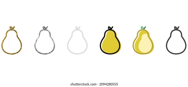 Vector set of pears fruit. Collection of gold, silver, white, black, colored fruit with a linear outline. Doodle style. Graphics. Vector. Can be used for web design 