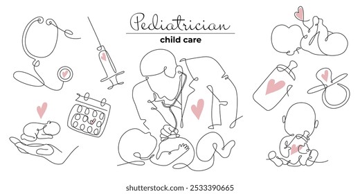 Vector set of pediatrician and pediatrics icons in one line style. Continuous line drawing of doctor silhouette, new born baby, stethoscope, syringe and baby pacifier