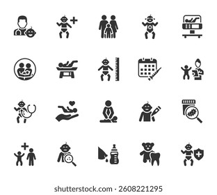 Vector set of pediatrics flat icons. Contains icons pediatrician visit, child health, newborn care, child checkup, neonatologist, colic, baby massage and more. Pixel perfect.