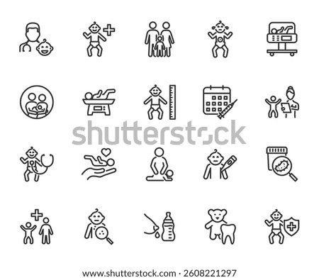 Vector set of pediatrics line icons. Contains icons pediatrician visit, child health, newborn care, child checkup, neonatologist, colic, baby massage and more. Pixel perfect.
