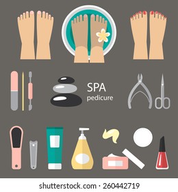 Vector set of pedicure tools, feet, cosmetics, nail polish, and spa pedicure logo.