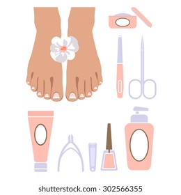 Vector set of pedicure tools, feet, cosmetics, nail polish, and spa pedicure logo.