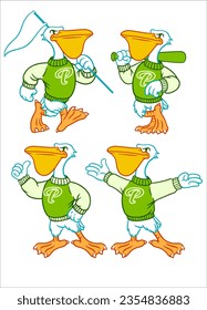 Vector Set of Pelican Sport Mascot in Vintage Retro Hand Drawn Style