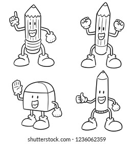 vector set of pen, pencil and eraser cartoon