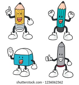 vector set of pen, pencil and eraser cartoon