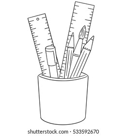 vector set of pen, pencil, paintbrush and ruler