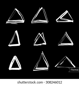 Vector set of pen scribbles. Grunge pencil triangles. Quick bubble sketches. Triangle logos.