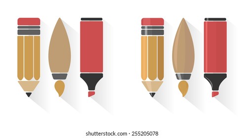Vector set of pencil, brush, and marker in flat style 