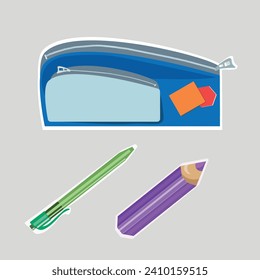 Vector set of pencil case, pen, pencil. Illustrations are hand drawn, school or office supplies. For the design of stickers, books, diaries, educational materials.Insulated, with a white backing.