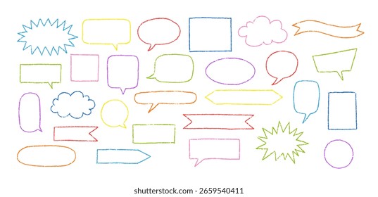 Conjunto de Vector de burbujas de discurso dibujadas a lápiz de diferentes Formas y colores. Cuadro de texto. Estilo garabato para niños. Cuadro de diálogo. Marco vacío. Ilustración de Grunge. Fondo aislado.